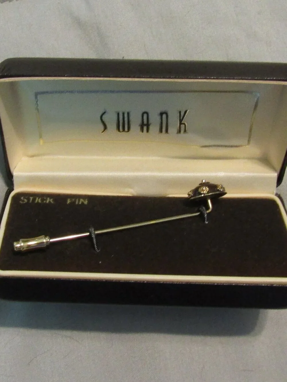Vintage in SWANK Box 1950s/60s STICK PIN Chocolate Brown Enamel Goldtone Flowers